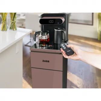Dozator apa de podea ZASS ZWD 23 WF cu sistem de filtrare si Tea Bar, multifunctional, apa rece/calda, ceainic, racire cu compresor, Roz