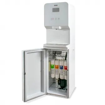 Dozator de apa comercial Zass ZWD 24 WF, de podea cu conectare la reteaua de apa, sistem de filtrare in 4 trepte si Purificare cu lampa UV, apa calda 7,5 L/h, racire cu compresor 4 L/h, Panou Touch, Alb