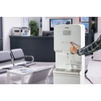Dozator de apa comercial Zass ZWD 24 WF, de podea cu conectare la reteaua de apa, sistem de filtrare in 4 trepte si Purificare cu lampa UV, apa calda 7,5 L/h, racire cu compresor 4 L/h, Panou Touch, Alb