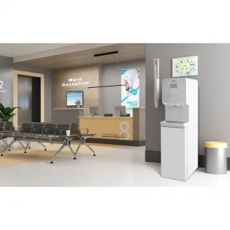 Dozator de apa comercial Zass ZWD 24 WF, de podea cu conectare la reteaua de apa, sistem de filtrare in 4 trepte si Purificare cu lampa UV, apa calda 7,5 L/h, racire cu compresor 4 L/h, Panou Touch, Alb