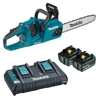 Drujba (fierastrau electric) cu lant pe acumulator Makita DUC355PT2,2 X 18 V,lungime lama 35 cm,viteza lant 20 m/s,pas lant 3/8,canelura lant 1.1 mm,contine 2 acumulatori 18V 5Ah + incarcator