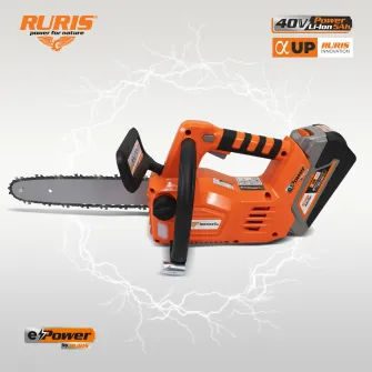 Drujba (fierastrau electric) cu lant pe acumulator Ruris RM3045e, 40 V 5.0 Ah, lungime lama 30 cm, motor fara perii, fara incarcator si acumulator in setul de livrare