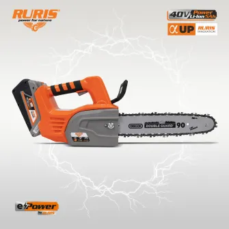 Drujba (fierastrau electric) cu lant pe acumulator Ruris RM3045e, 40 V 5.0 Ah, lungime lama 30 cm, motor fara perii, fara incarcator si acumulator in setul de livrare