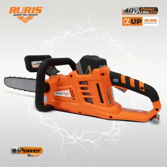 Drujba (fierastrau electric) cu lant pe acumulator Ruris RM3545e, 40 V 5.0 Ah, lungime lama 35 cm, motor fara perii, fara incarcator si acumulator in setul de livrare