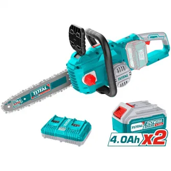 Drujba (fierastrau electric) cu lant pe acumulator Total TGSLI401682, 2 x 20 V, lama 40 cm, viteza lant 14.5 m/s, motor fara perii, ungere automata lant, contine: incarcator dublu + 2 acumulatori 20 V 4.0 Ah