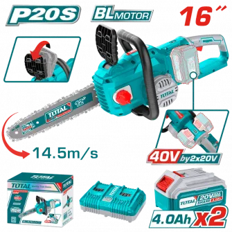 Drujba (fierastrau electric) cu lant pe acumulator Total TGSLI401682, 2 x 20 V, lama 40 cm, viteza lant 14.5 m/s, motor fara perii, ungere automata lant, contine: incarcator dublu + 2 acumulatori 20 V 4.0 Ah