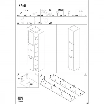 Dulap baie Badenmob Seria 020, 3 rafturi, 180x30x30cm, Alb