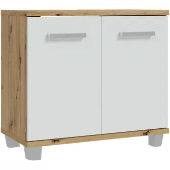 Dulap baie pentru lavoar Forte Veris, 2 usi, manere metal, 68.6x 34.8x 62cm, stejar Artisan/Gri deschis