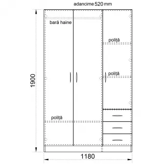 Распашной Шкаф Irim Boston, 118x52x190 cm, 3 usi, 3 sertare, culoare Sonoma Dark