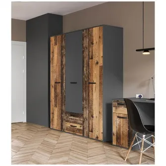 Dulap cu Balamale Irim Yoo, 150x52x200 cm, PAL, 3 usi, 2 sertare, Culoare Gri Beton, Rustic