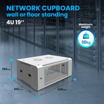 Dulap rack, Extralink, 4U, 600x600, Montare pe perete/pardoseala, Usa sticla, Deschiderea usii in partea stanga/dreapta, Gri