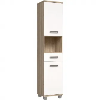 Dulap soldat pentru baie Forte Veris, 2 usi+1 sertar, 40.2x34.8x186.8 cm, stejar Sonoma/alb super lucios