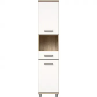 Dulap soldat pentru baie Forte Veris, 2 usi+1 sertar, 40.2x34.8x186.8 cm, stejar Sonoma/alb super lucios