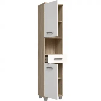 Dulap soldat pentru baie Forte Veris, 2 usi+1 sertar, 40.2x34.8x186.8 cm, stejar Sonoma/alb super lucios