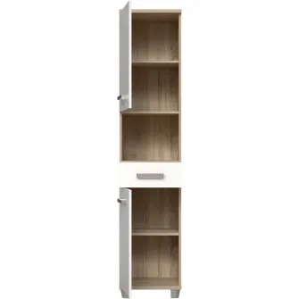 Dulap soldat pentru baie Forte Veris, 2 usi+1 sertar, 40.2x34.8x186.8 cm, stejar Sonoma/alb super lucios