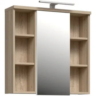 Dulap suspendat pentru baie Forte Veris, 1 usa, cu oglinda si LED, 68.6x20x68.1 cm, stejar Sonoma/ alb super lucios