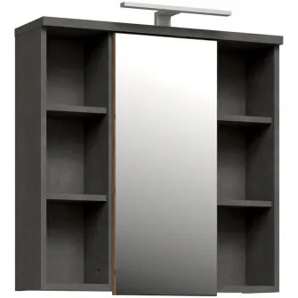 Dulap suspendat pentru baie Forte Veris, 1 usa, cu oglinda si LED, 68.6x 20x 68.1 cm, beton optic gri inchis/ lemn vintage
