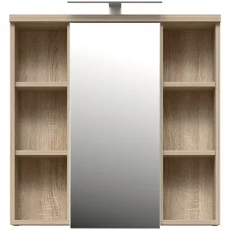 Dulap suspendat pentru baie Forte Veris, 1 usa, cu oglinda si LED, 68.6x20x68.1 cm, stejar Sonoma/ alb super lucios
