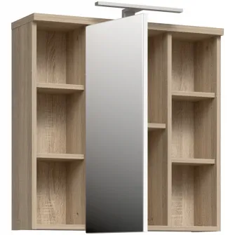 Dulap suspendat pentru baie Forte Veris, 1 usa, cu oglinda si LED, 68.6x20x68.1 cm, stejar Sonoma/ alb super lucios