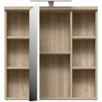 Dulap suspendat pentru baie Forte Veris, 1 usa, cu oglinda si LED, 68.6x20x68.1 cm, stejar Sonoma/ alb super lucios