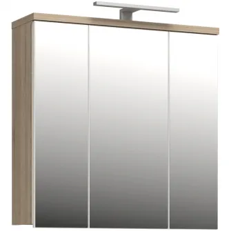 Dulap suspendat pentru baie Forte Veris, 3 usi, cu oglinda si LED, 68.6x20x68.1 cm, stejar Sonoma/ alb super lucios