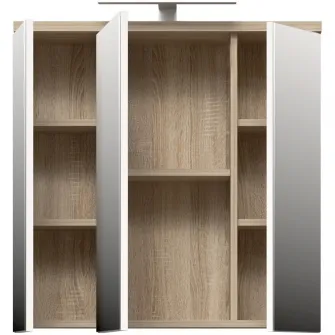 Dulap suspendat pentru baie Forte Veris, 3 usi, cu oglinda si LED, 68.6x20x68.1 cm, stejar Sonoma/ alb super lucios