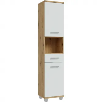 Dulap tip soldat pentru baie Forte Veris, 2 usi+1 sertar, manere metal, 40.2x 34.8x 186.8cm, stejar Artisan/Gri deschis