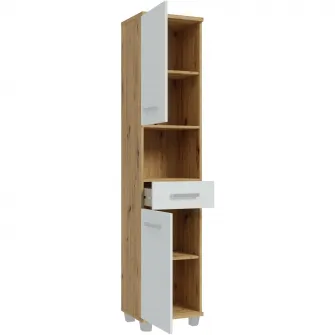 Dulap tip soldat pentru baie Forte Veris, 2 usi+1 sertar, manere metal, 40.2x 34.8x 186.8cm, stejar Artisan/Gri deschis