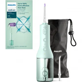 Dus bucal Philips Sonicare HX3826/24 cu tehnologie QuadStream, portabil, 2 moduri de curatare, 3 niveluri de intensitate , include 2 x capete de curatare si 1 x husa trasport, verde menta