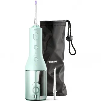 Dus bucal Philips Sonicare HX3826/24 cu tehnologie QuadStream, portabil, 2 moduri de curatare, 3 niveluri de intensitate , include 2 x capete de curatare si 1 x husa trasport, verde menta