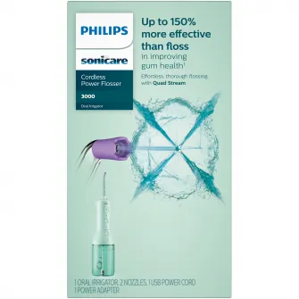Dus bucal Philips Sonicare HX3826/24 cu tehnologie QuadStream, portabil, 2 moduri de curatare, 3 niveluri de intensitate , include 2 x capete de curatare si 1 x husa trasport, verde menta