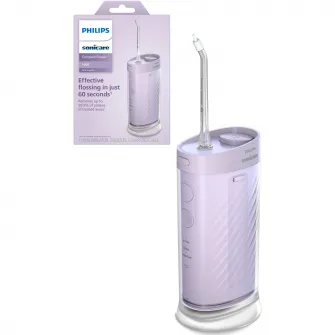 Dus bucal Philips Sonicare Seria 1000 HX3333/23, compact si portabil, rezervor pliabil de 200 ml, 3 moduri de curatare, contine 2 capete de curatare (1 capat Standard N1, 1 capat Confort N2 ), mov