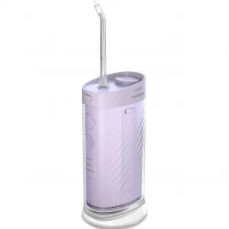 Dus bucal Philips Sonicare Seria 1000 HX3333/23, compact si portabil, rezervor pliabil de 200 ml, 3 moduri de curatare, contine 2 capete de curatare (1 capat Standard N1, 1 capat Confort N2 ), mov