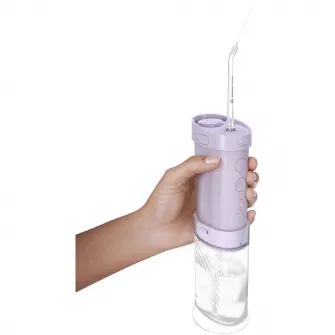 Dus bucal Philips Sonicare Seria 1000 HX3333/23, compact si portabil, rezervor pliabil de 200 ml, 3 moduri de curatare, contine 2 capete de curatare (1 capat Standard N1, 1 capat Confort N2 ), mov