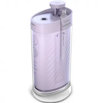 Dus bucal Philips Sonicare Seria 1000 HX3333/23, compact si portabil, rezervor pliabil de 200 ml, 3 moduri de curatare, contine 2 capete de curatare (1 capat Standard N1, 1 capat Confort N2 ), mov