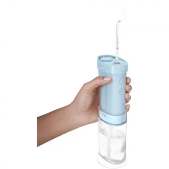 Dus bucal Philips Sonicare Seria 1000 HX3333/24, compact si portabil, rezervor pliabil de 200 ml, 3 moduri de curatare, contine 2 capete de curatare (1 capat Standard N1, 1 capat Confort N2 ), albastru