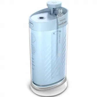Dus bucal Philips Sonicare Seria 1000 HX3333/24, compact si portabil, rezervor pliabil de 200 ml, 3 moduri de curatare, contine 2 capete de curatare (1 capat Standard N1, 1 capat Confort N2 ), albastru