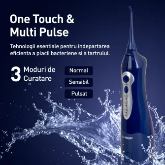 Dus bucal portabil Dr.Mayer WT3100 Albastru, Tehnologie Multi Pulse, presiune de la 40 la 90 PSI, 3 moduri de curatare (normal, sensibil și pulsat), rezervor 150 ml, 2 capete curatare, WT3100BU