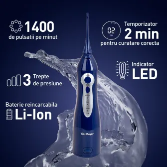 Dus bucal portabil Dr.Mayer WT3100 Albastru, Tehnologie Multi Pulse, presiune de la 40 la 90 PSI, 3 moduri de curatare (normal, sensibil și pulsat), rezervor 150 ml, 2 capete curatare, WT3100BU