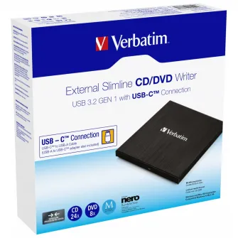 DVD-RW extern Verbatim Slimline, USB 3.2 Gen 1/ USB-C, Negru