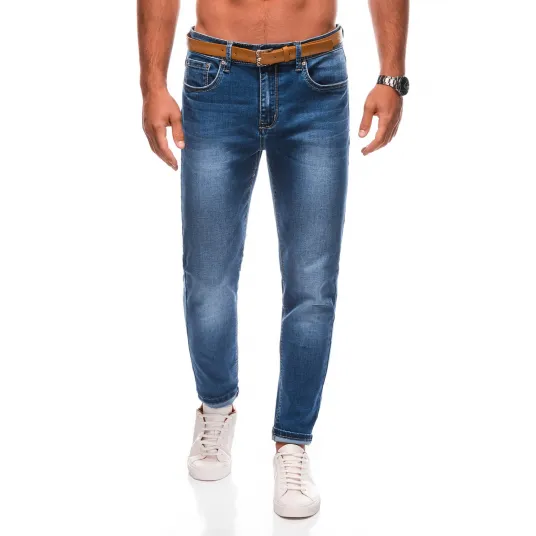 EDOTI, Blugi cu aspect decolorat si curea, Albastru inchis, Albastru deschis, 28