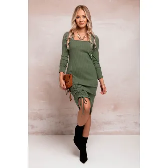 EDOTI, Rochie striata cu decolteu patrat, Kaki, L-XL