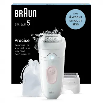 Epilator Braun Silk-épil 5 5-030 Wet & Dry, MicroGrip, Smart Light, 28 de pensete, 2 viteze, Cap de ras + Pieptene, Saculet de voiaj, Alb/Flamingo