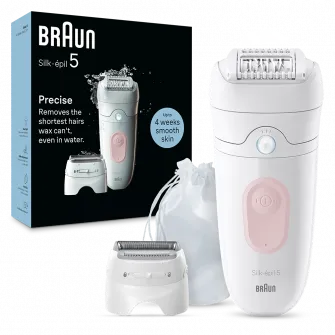 Epilator Braun Silk-épil 5 5-030 Wet & Dry, MicroGrip, Smart Light, 28 de pensete, 2 viteze, Cap de ras + Pieptene, Saculet de voiaj, Alb/Flamingo