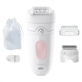 Epilator Braun Silk-épil 5 5-030 Wet & Dry, MicroGrip, Smart Light, 28 de pensete, 2 viteze, Cap de ras + Pieptene, Saculet de voiaj, Alb/Flamingo