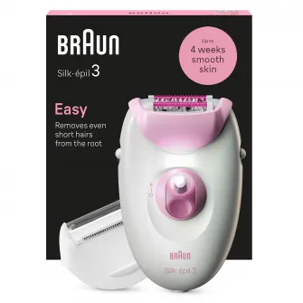 Epilator Braun Silk-Г©pil 3 3-031, MicroGrip, Smart Light, 20 de pensete, Cap de ras + Pieptene, 2 viteze, Roz
