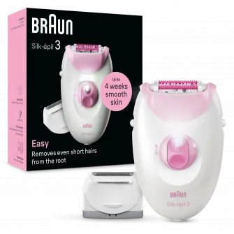Epilator Braun Silk-Г©pil 3 3-031, MicroGrip, Smart Light, 20 de pensete, Cap de ras + Pieptene, 2 viteze, Roz