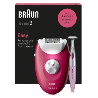 Epilator Braun Silk-Г©pil 3 3-202, MicroGrip, Smart Light, 20 de pensete, 2 viteze, Trimmer, Fucsia