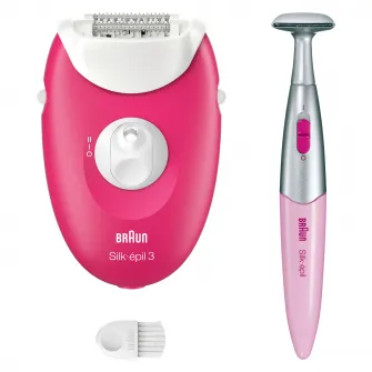 Epilator Braun Silk-Г©pil 3 3-202, MicroGrip, Smart Light, 20 de pensete, 2 viteze, Trimmer, Fucsia