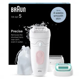 Epilator Braun Silk-Г©pil 5 5-050 Wet & Dry, MicroGrip, Smart Light, 28 de pensete, 2 viteze, Cap de ras + Pieptene, Cap pentru incepatori, Saculet de voiaj, Roz
